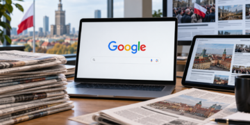 Illustrative image of Google displayed on a laptop beside newspapers and digital news pages