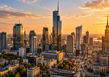 Digitally created Warsaw skyline at sunset, with Varso Tower and the Palace of Culture and Science above the modern financial district.