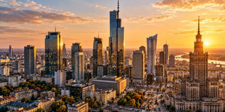 Digitally created Warsaw skyline at sunset, with Varso Tower and the Palace of Culture and Science above the modern financial district.