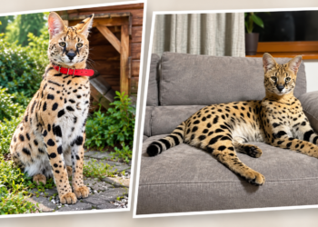 Serval Gustaw shown outdoors and resting on a sofa after returning home in Orzysz