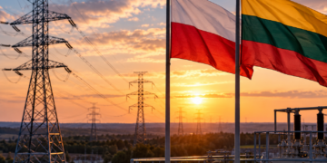 Polish and Lithuanian flags beside electricity transmission infrastructure