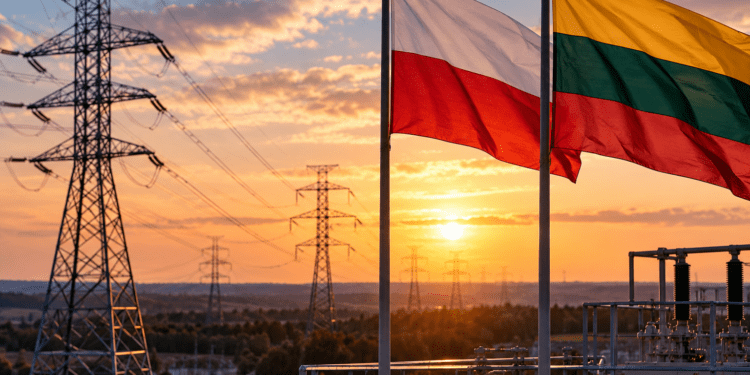 Polish and Lithuanian flags beside electricity transmission infrastructure