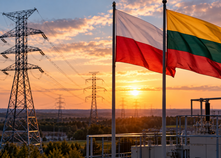 Polish and Lithuanian flags beside electricity transmission infrastructure