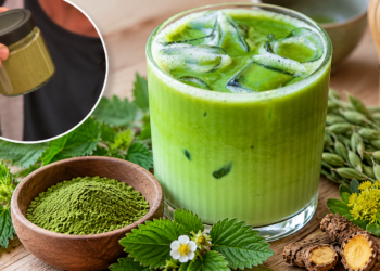 Iced green Herbatcha drink with green herbal powder and plant ingredients
