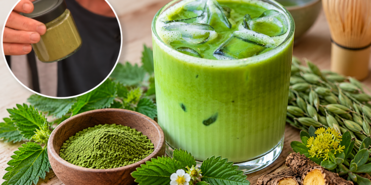Iced green Herbatcha drink with green herbal powder and plant ingredients