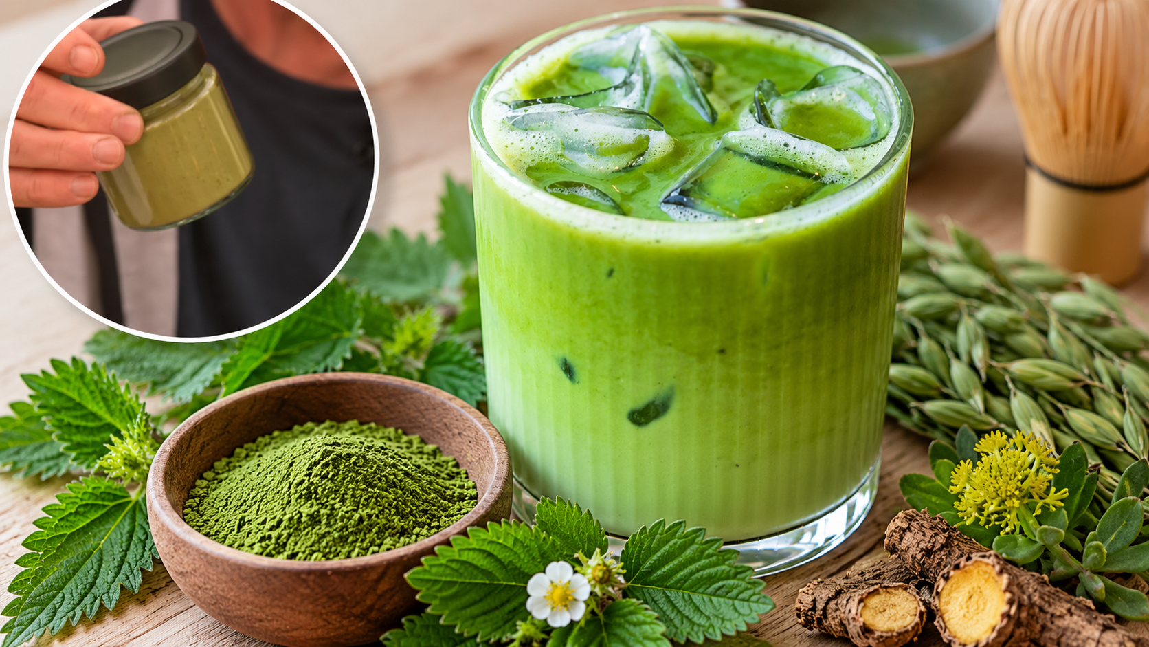 Iced green Herbatcha drink with green herbal powder and plant ingredients