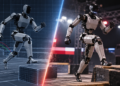 Digitally created illustration of sim-to-real humanoid robotics, with a virtual robot transitioning into a physical competition arena
