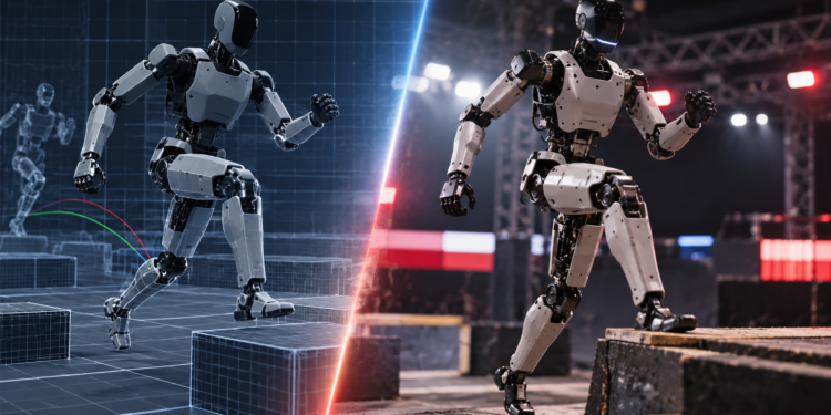 Digitally created illustration of sim-to-real humanoid robotics, with a virtual robot transitioning into a physical competition arena