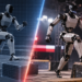 Digitally created illustration of sim-to-real humanoid robotics, with a virtual robot transitioning into a physical competition arena