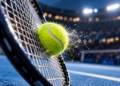 Digitally created close-up of a tennis ball striking racket strings above a blue hard court, illustrating the Shanghai Masters tennis story