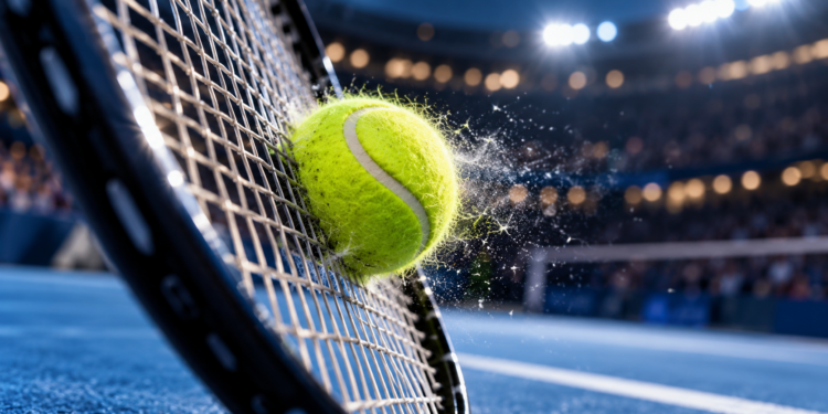 Digitally created close-up of a tennis ball striking racket strings above a blue hard court, illustrating the Shanghai Masters tennis story
