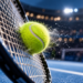 Digitally created close-up of a tennis ball striking racket strings above a blue hard court, illustrating the Shanghai Masters tennis story
