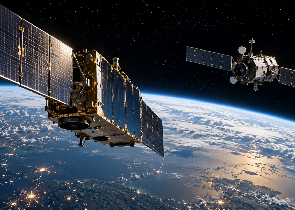 Illustrative image of two satellites over Earth, with their appearance and distance not representing the actual ICEYE-X36 and Cosmos 2612 spacecraft.