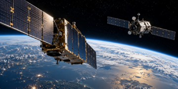 Illustrative image of two satellites over Earth, with their appearance and distance not representing the actual ICEYE-X36 and Cosmos 2612 spacecraft.