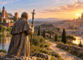 Digitally created illustrative composite of Pope John Paul II's statue between Wawel in Kraków and St Peter's Basilica in Rome, symbolising a proposed pilgrimage trail.