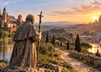 Digitally created illustrative composite of Pope John Paul II's statue between Wawel in Kraków and St Peter's Basilica in Rome, symbolising a proposed pilgrimage trail.