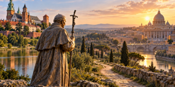 Digitally created illustrative composite of Pope John Paul II's statue between Wawel in Kraków and St Peter's Basilica in Rome, symbolising a proposed pilgrimage trail.