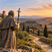 Digitally created illustrative composite of Pope John Paul II's statue between Wawel in Kraków and St Peter's Basilica in Rome, symbolising a proposed pilgrimage trail.
