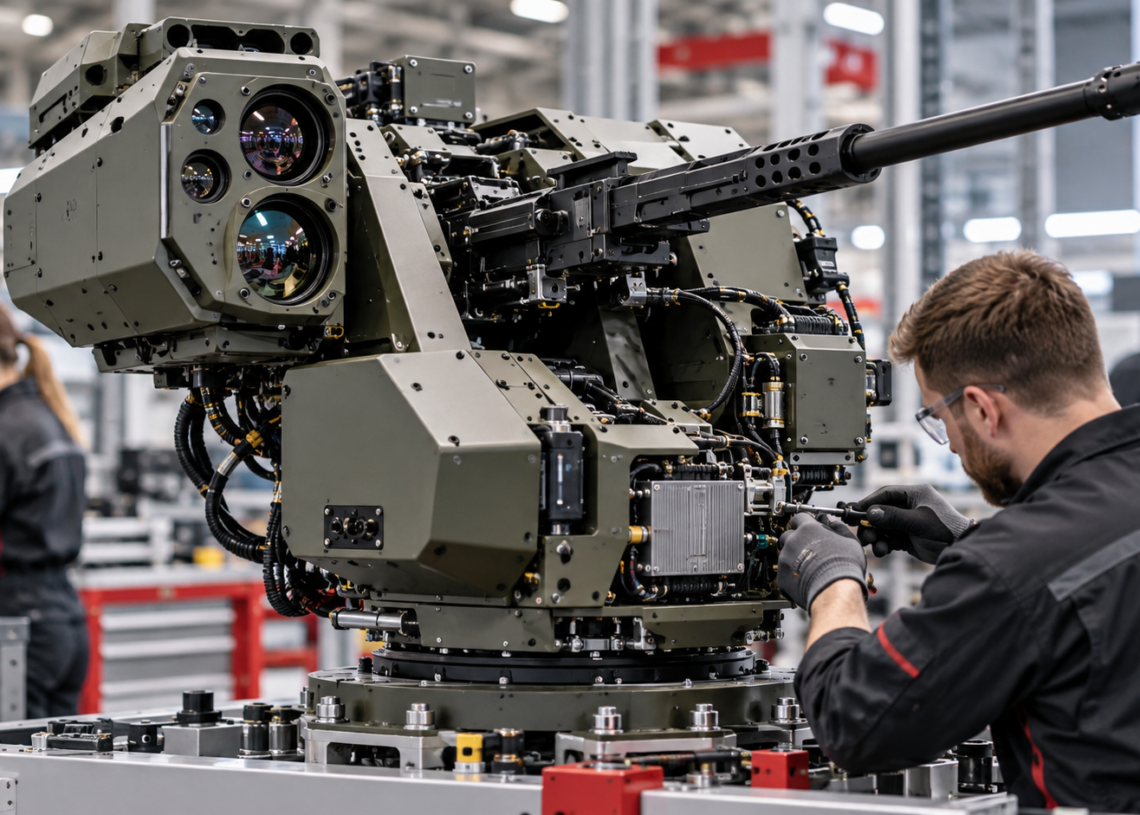 Illustrative scene of engineers assembling a counter-drone weapon station inside a defence manufacturing workshop