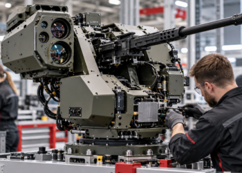 Illustrative scene of engineers assembling a counter-drone weapon station inside a defence manufacturing workshop