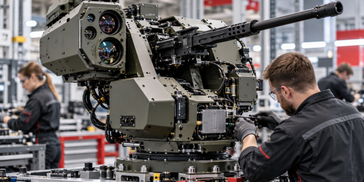 Illustrative scene of engineers assembling a counter-drone weapon station inside a defence manufacturing workshop