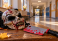 Digitally created illustrative Halloween mask and plastic costume cleaver on a wooden bench in a generic school corridor