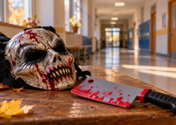 Digitally created illustrative Halloween mask and plastic costume cleaver on a wooden bench in a generic school corridor