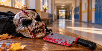 Digitally created illustrative Halloween mask and plastic costume cleaver on a wooden bench in a generic school corridor