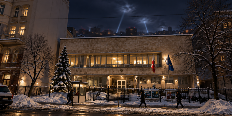 Digitally created night view based on the Polish Embassy in Kyiv, with distant air-defence searchlights over the city