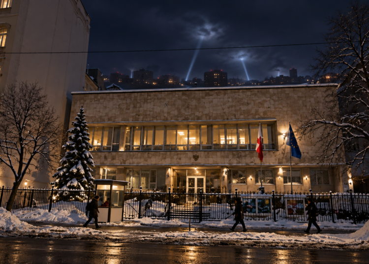 Digitally created night view based on the Polish Embassy in Kyiv, with distant air-defence searchlights over the city