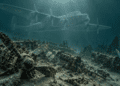Digitally created reconstruction of an Avro Lancaster above fragmented aircraft wreckage on the Baltic seabed