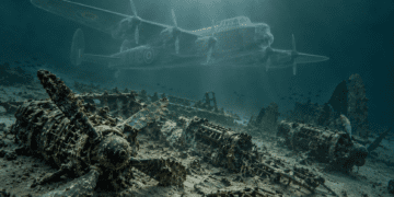 Digitally created reconstruction of an Avro Lancaster above fragmented aircraft wreckage on the Baltic seabed