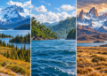 Illustrative landscape collage evoking Alaska, tropical Central America and Patagonia