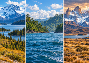 Illustrative landscape collage evoking Alaska, tropical Central America and Patagonia