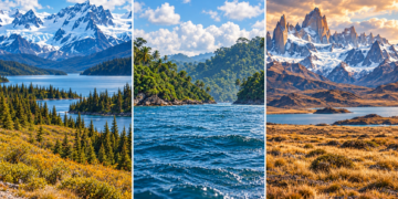 Illustrative landscape collage evoking Alaska, tropical Central America and Patagonia