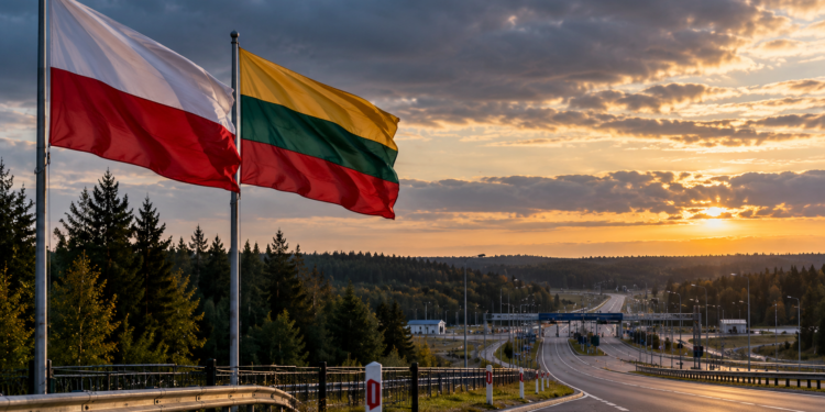 Polish and Lithuanian flags beside a border road, illustrating evacuation planning between Lithuania and Poland