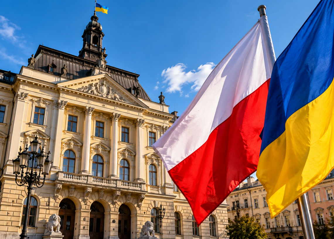 Digitally created illustration of Polish and Ukrainian flags in front of a historic-style civic building; not documentary photography.