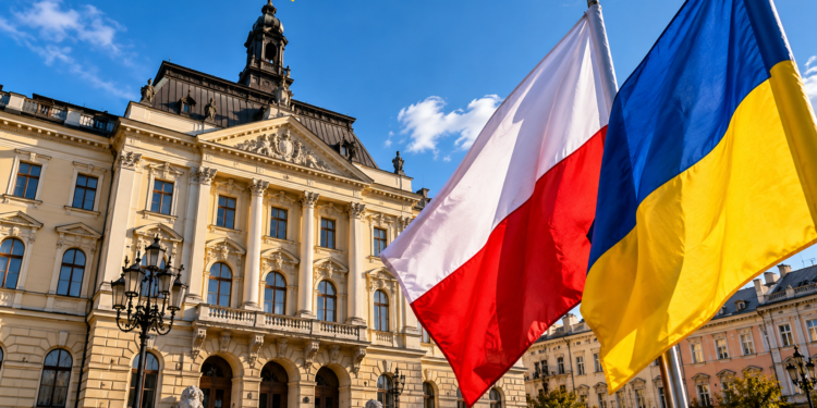 Digitally created illustration of Polish and Ukrainian flags in front of a historic-style civic building; not documentary photography.