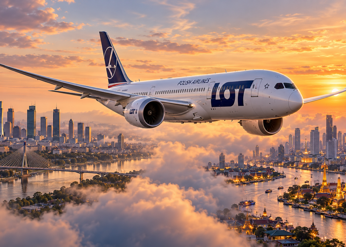 Digitally created LOT Dreamliner flying between Warsaw and Bangkok skylines