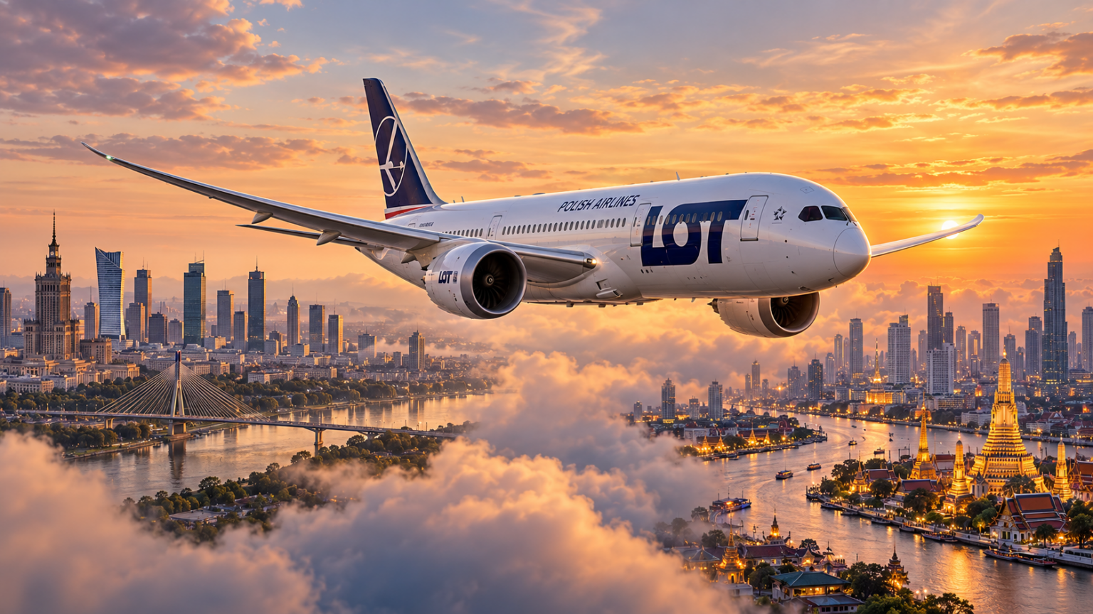 Digitally created LOT Dreamliner flying between Warsaw and Bangkok skylines