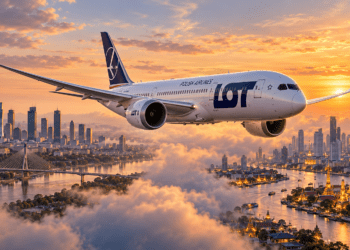 Digitally created LOT Dreamliner flying between Warsaw and Bangkok skylines