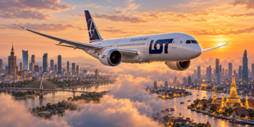 Digitally created LOT Dreamliner flying between Warsaw and Bangkok skylines