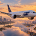 Digitally created LOT Dreamliner flying between Warsaw and Bangkok skylines