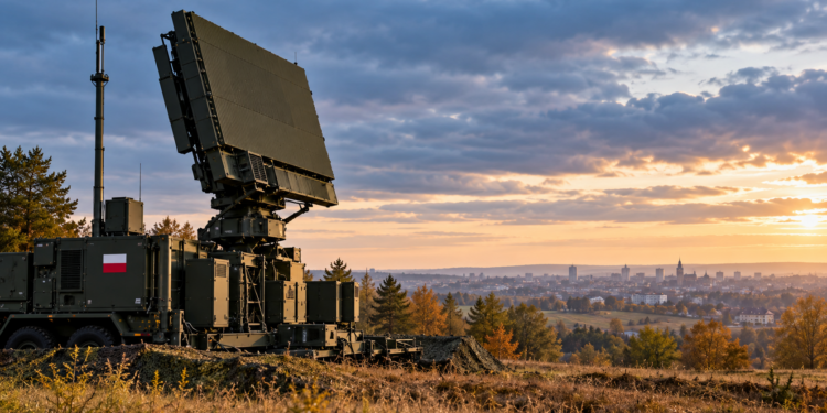 Digitally created illustration of a Polish military radar installation in a rural landscape; not a photograph of the Lublin investigation.