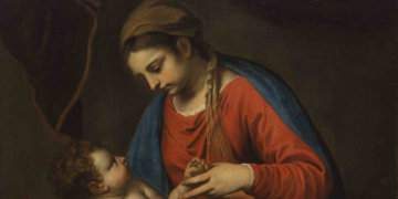 Cropped detail showing the Madonna and Child from a painting attributed to Alessandro Turchi, recovered in Japan and returned to Poland in 2023.