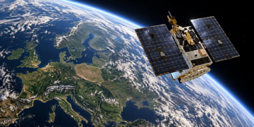 Illustrative MikroGLOB satellite in orbit above Europe