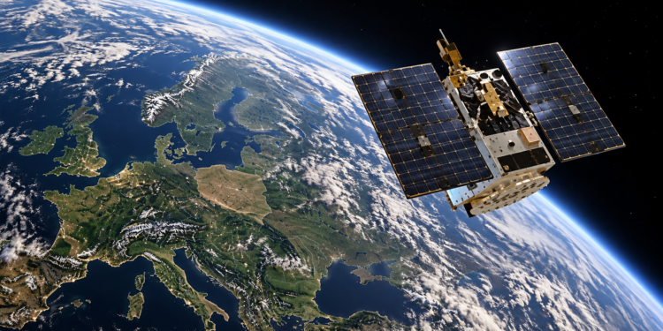 Illustrative MikroGLOB satellite in orbit above Europe