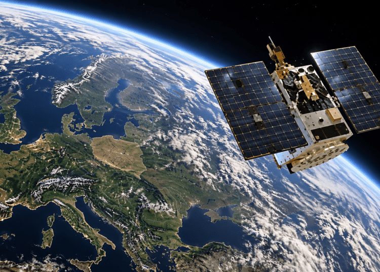 Illustrative MikroGLOB satellite in orbit above Europe