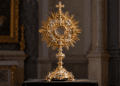 Digitally created illustrative representation of an ornate gilded monstrance in a historic church; not the recovered Moskorzew artefact.