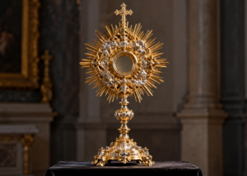 Digitally created illustrative representation of an ornate gilded monstrance in a historic church; not the recovered Moskorzew artefact.